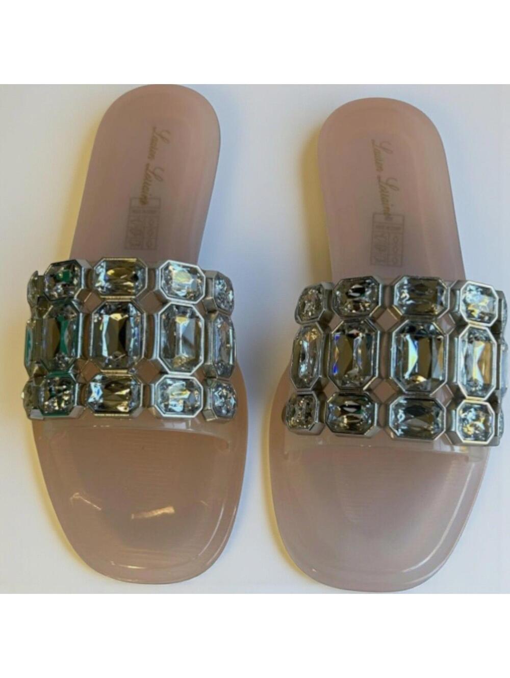 Lauren Lorraine Jade Flat Sandals 5.5 M Nude Jeweled Rhinestone Bling Slide New